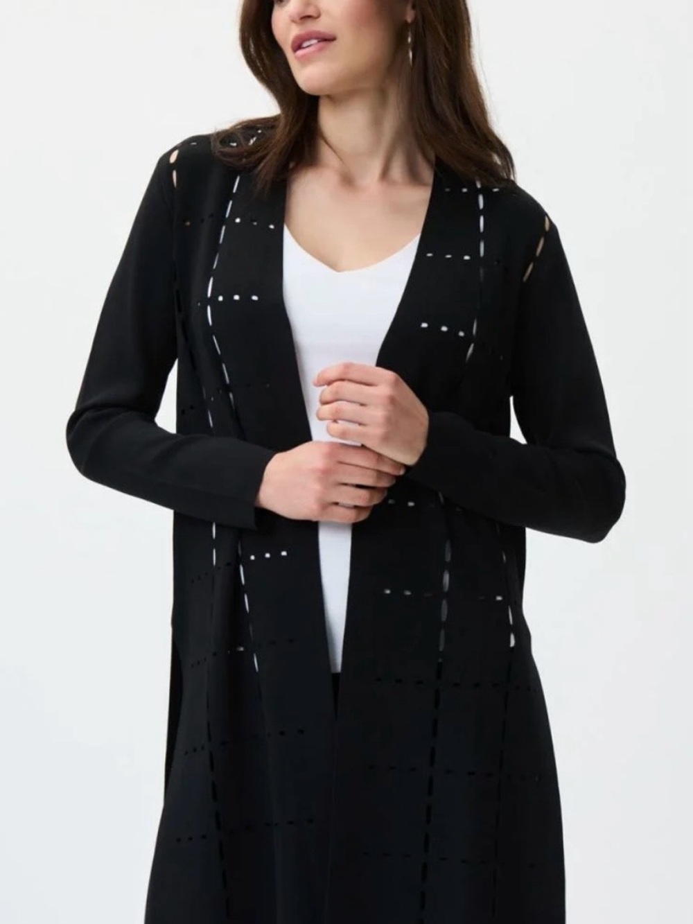 Joseph Ribkoff Plus Size Black Open-Front Laser-Cut Long Cardigan